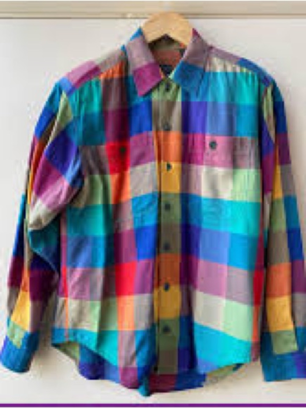 Vintage 90s Button Front Shirt Rainbow Check Plaid Checkered Bright Easter S